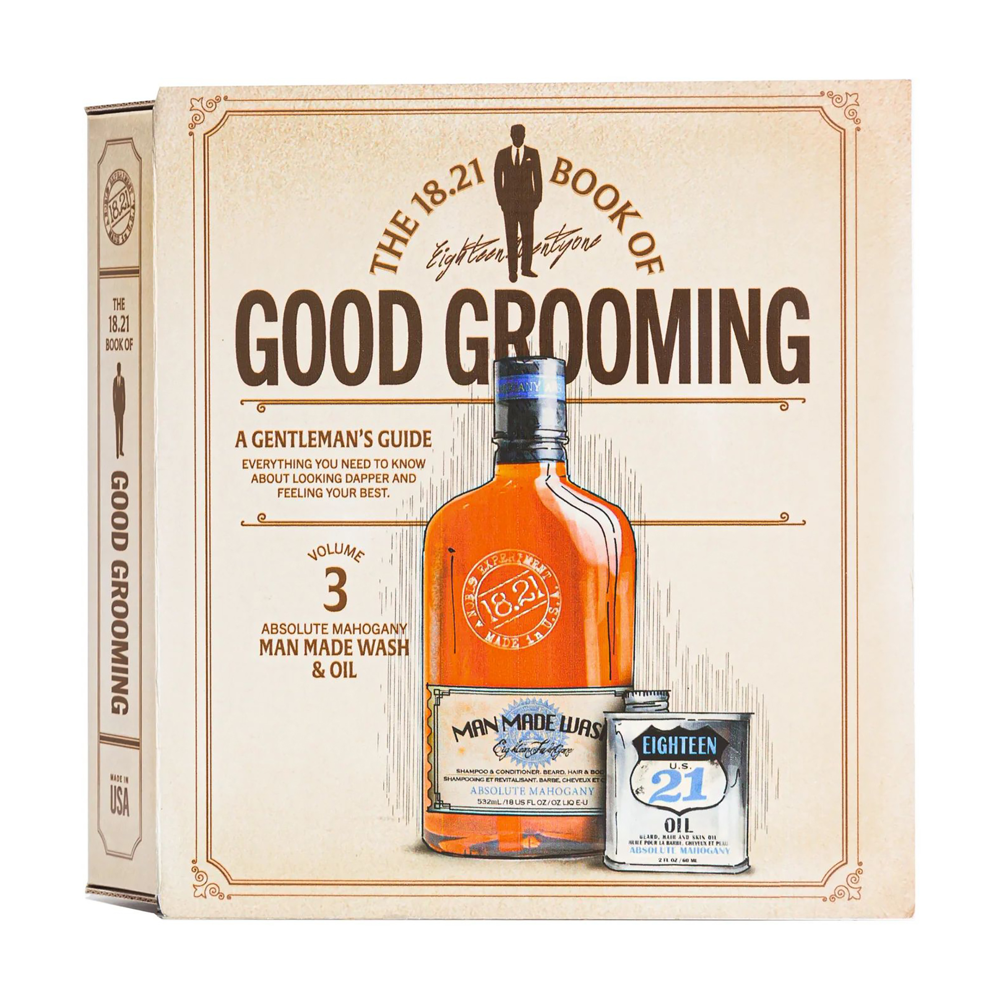 Подарунковий чоловічий набір 18.21 Man Made Book Of Good Grooming Gift Set, Absolute Mahogany (гель, 532 мл + олія, 60 мл)